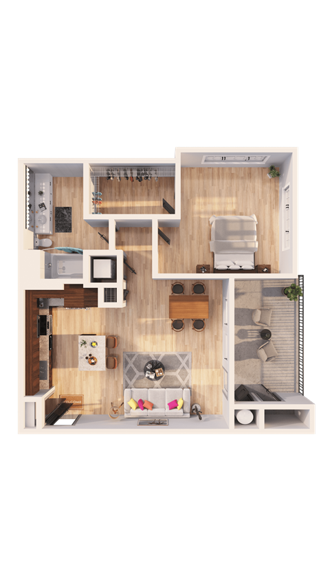 Floor plan for 1 bed, 1 bath, 753 sqft